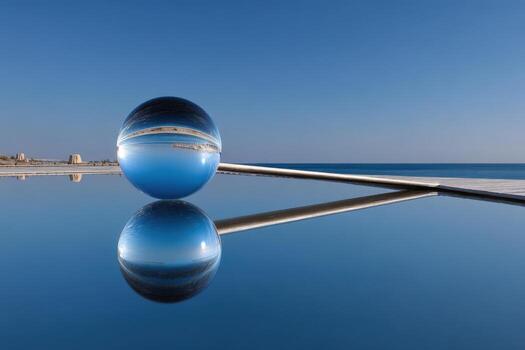 Reflective sphere on calm water with clear sky at coastal location photo