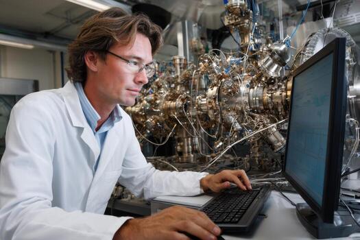 Scientist conducting research in a laboratory with sophisticated equipment and computer photo