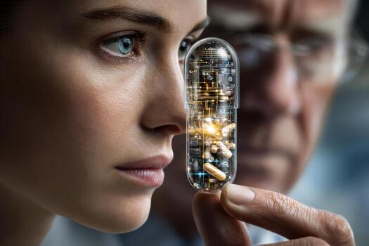 Woman examines futuristic capsule while scientist observes cautiously in laboratory setting photo