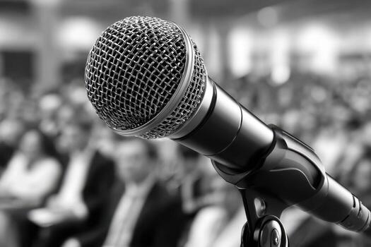 Engaging audience in a conference setting with microphone and focused participants in background photo