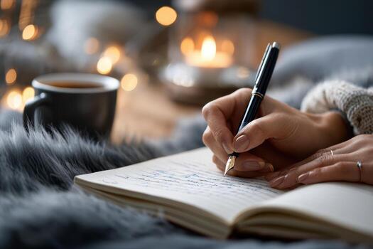Writing in a cozy atmosphere with a warm drink and soft blankets during evening hours photo