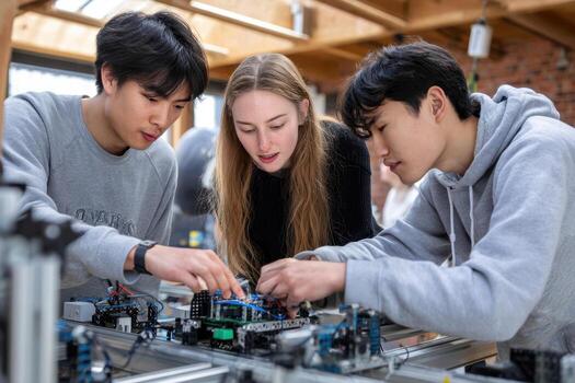 Young students collaborate on a robotics project in a bright workshop during daylight hours photo