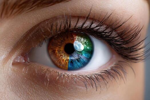 Eye close-up revealing vibrant multicolored iris with intricate details in bright lighting photo