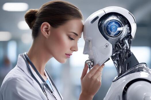 Medical professional engages with advanced robotic assistant in a futuristic healthcare setting photo