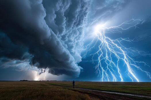 Storm clouds gather as lightning strikes over an open field during a dramatic weather event photo