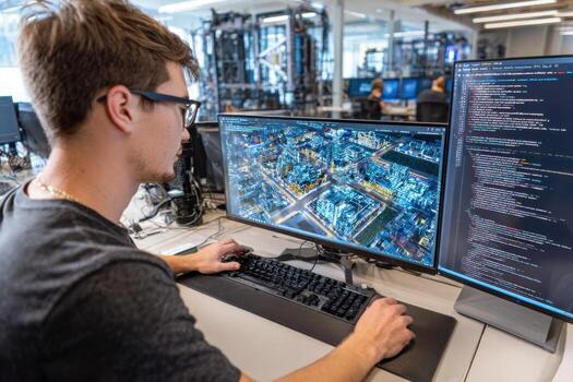 Programmer working on advanced coding project in modern office environment during daytime photo