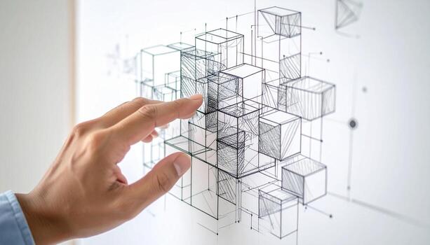 Interactive Design Process, Hand Pointing at an Abstract Cubic Sketch photo