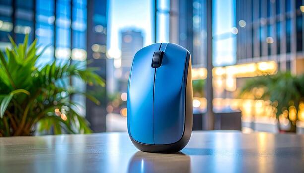 a blue computer mouse sitting on a table in front of a window photo