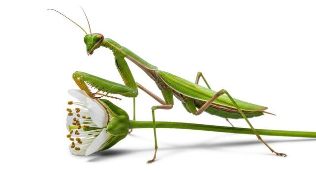 Praying mantis perched on a flower isolated on white background, looking for its next meal photo