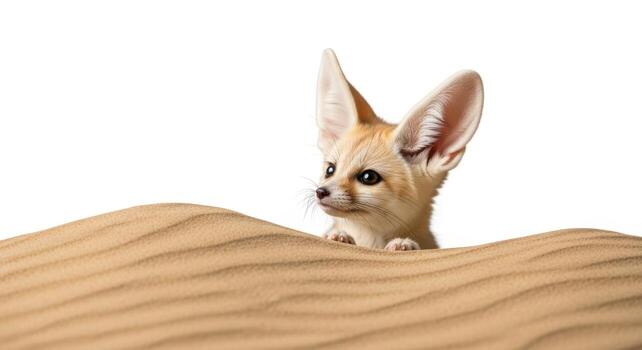 Fennec fox peeking over sand isolated on white background, showcasing its large ears and curious gaze photo