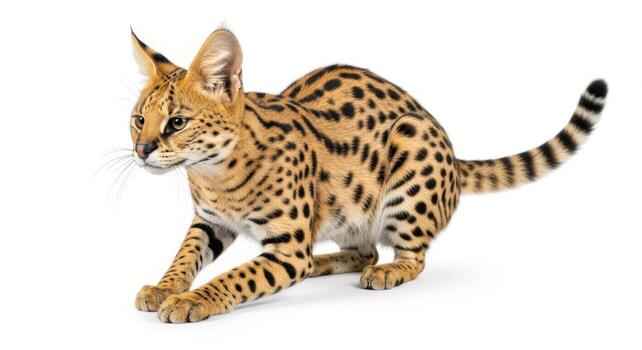 Serval cat crouching isolated on white background, a wild feline with spotted fur photo