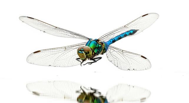 cerca arriba de un libélula aislado en blanco antecedentes con sus alas untado amplio abierto foto