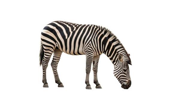 Zebra grazing isolated on white background, showing its distinctive black and white stripes photo