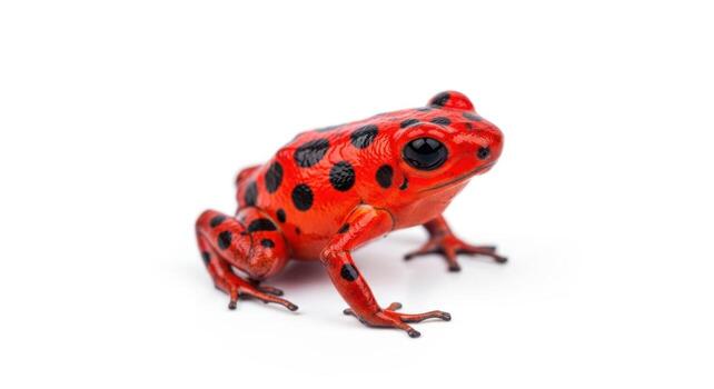 Close up of a red poison dart frog with black spots isolated on white background photo