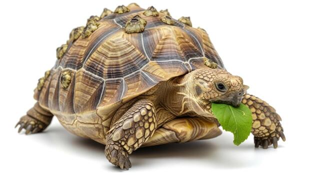 Turtle eating a leaf isolated on white background, a reptile with a protective shell photo