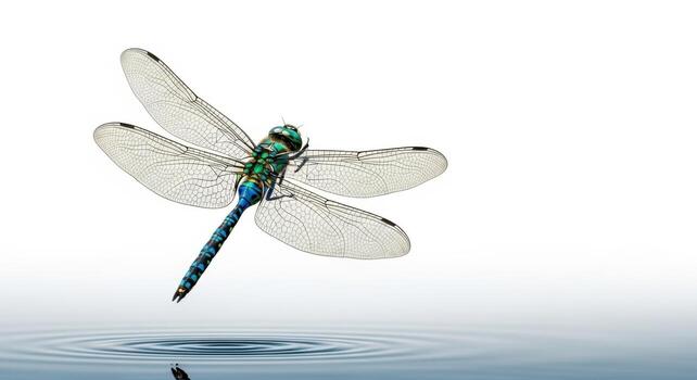 libélula graciosamente flotando encima el agua superficie con sus delicado alas aislado en blanco antecedentes foto