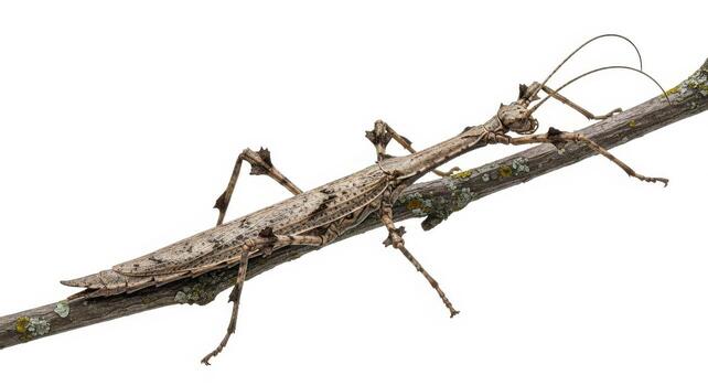 Camouflaged stick insect perched on a twig, isolated on white background, blending seamlessly photo