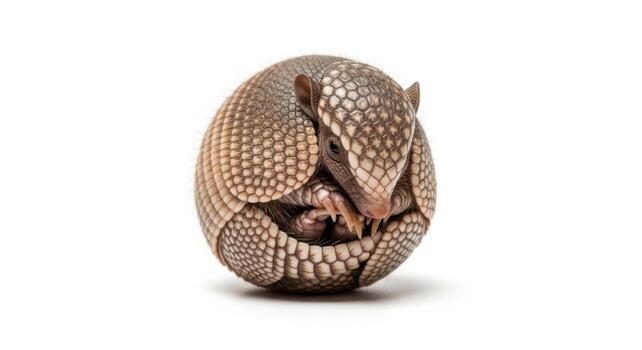Armadillo rolled up in a ball isolated on white background, showing its protective shell photo