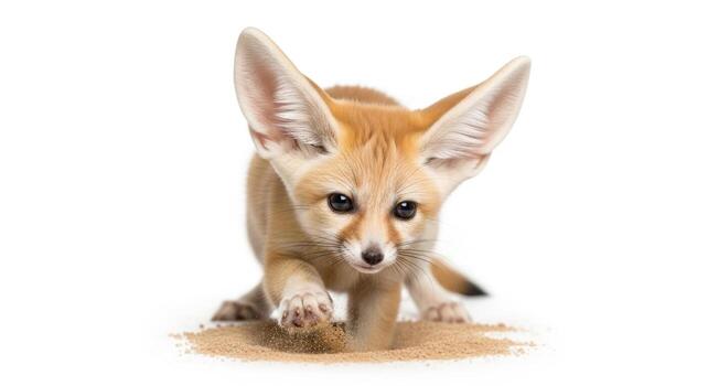 A fennec fox is playing in the sand isolated on white background, looking at camera photo