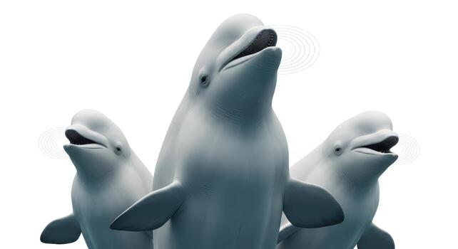 Three beluga whales isolated on white background, displaying their playful and social behavior photo