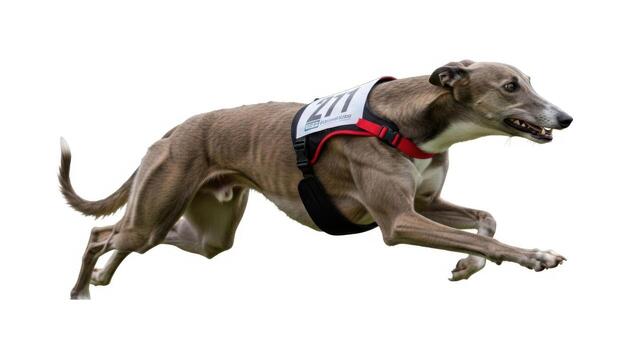 Greyhound dog in full sprint during a race isolated on white background, showing speed and agility photo