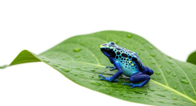A blue poison dart frog is perched on a green leaf isolated on white background photo