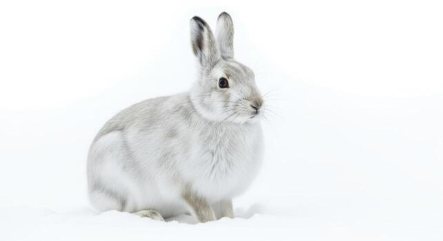 A snowshoe hare sits in the snow, isolated on white background, perfectly camouflaged in winter photo