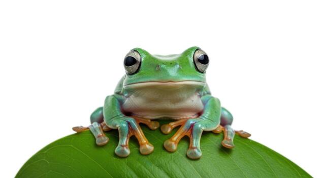 Closeup of a green tree frog on a leaf isolated on white background, showcasing its vibrant colors photo