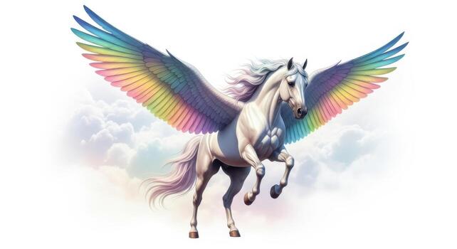 A majestic pegasus with rainbow wings soars through the clouds isolated on white background photo