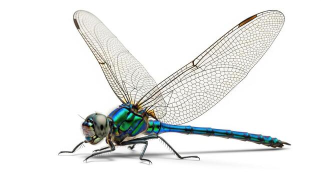 detallado de cerca de un iridiscente libélula con transparente alas aislado en blanco antecedentes foto