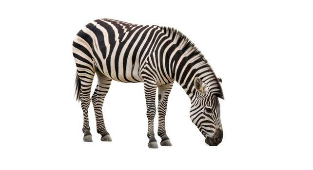 A zebra is grazing on the grassland, with its head down isolated on white background photo