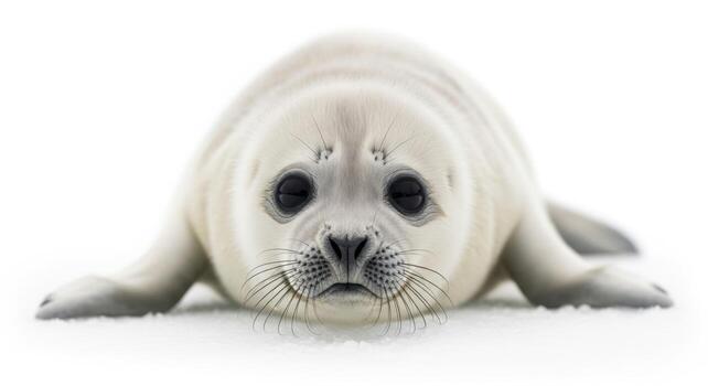 Adorable closeup of a baby harp seal isolated on white background, showcasing its innocent expression and fluffy fur photo