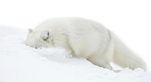 An arctic fox is digging in the snow isolated on white background, searching for food photo