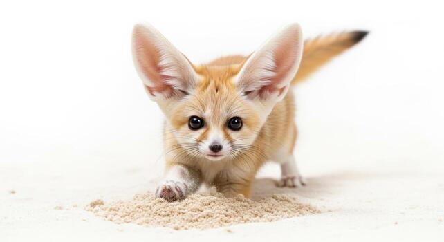 Adorable fennec fox cub on sand isolated on white background, looking at the camera photo