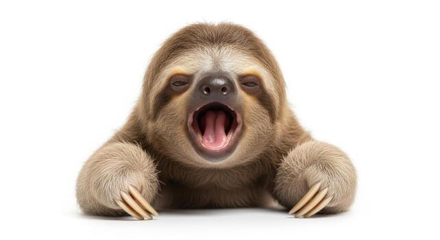 Cute sloth yawning isolated on white background, a slowmoving mammal found in rainforests photo