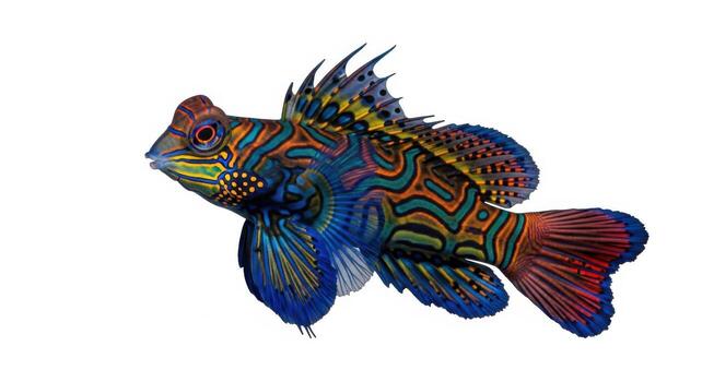 A vibrant mandarinfish showcasing its exotic colors and intricate patterns in a marine environment isolated on white background photo