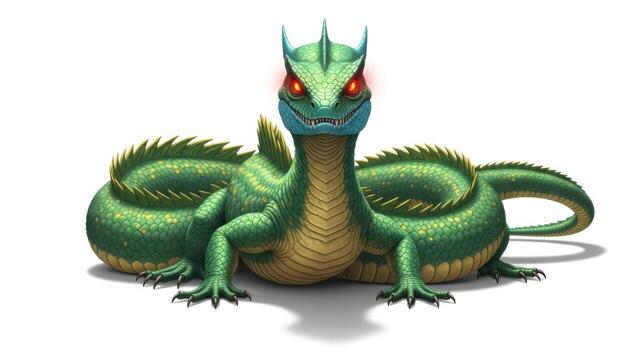 A green dragon with red eyes and a long, scaly body isolated on white background photo