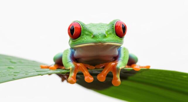 Redeyed tree frog perched on a leaf isolated on white background, staring at the camera photo