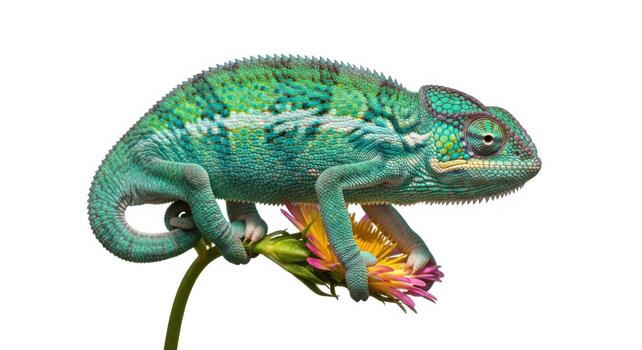 Chameleon perched on a flower isolated on white background, showing its vibrant colors photo