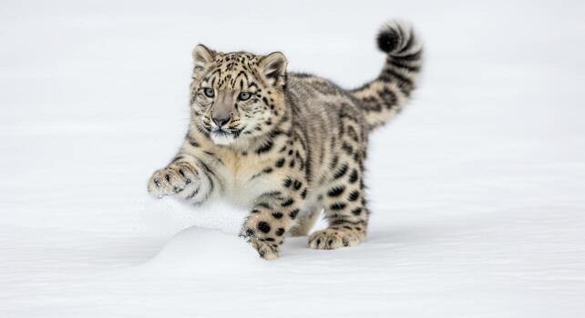A playful snow leopard cub is running in the snow with its tail up in the air photo