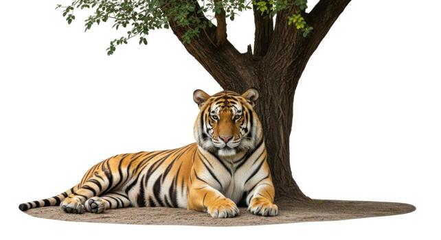 A majestic tiger rests in the shade of a tree, isolated on white background photo