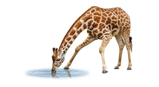 Giraffe drinking water isolated on white background, showcasing its long neck and unique spotted pattern photo