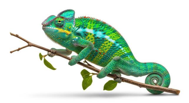 Beautiful green chameleon isolated on white background perched on a branch with leaves photo