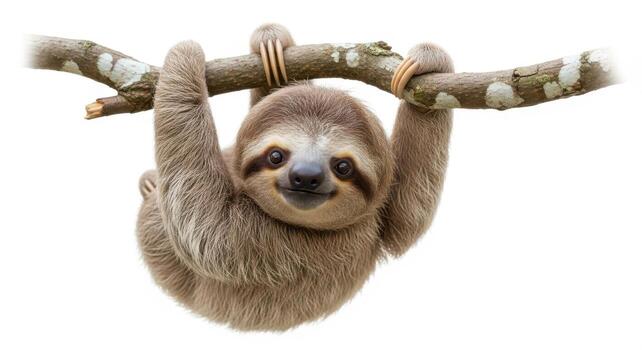 Adorable sloth hanging from a tree branch, showcasing its slow and peaceful nature isolated on white background photo