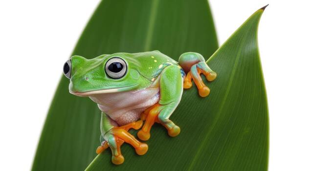 Green tree frog on a leaf isolated on white background, a vibrant amphibian in nature photo