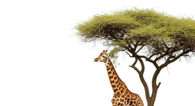 Giraffe standing under a tree in the african savanna isolated on white background, enjoying shade photo