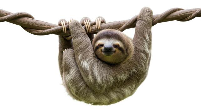 A cute sloth hanging on a branch isolated on white background, looking at the camera photo