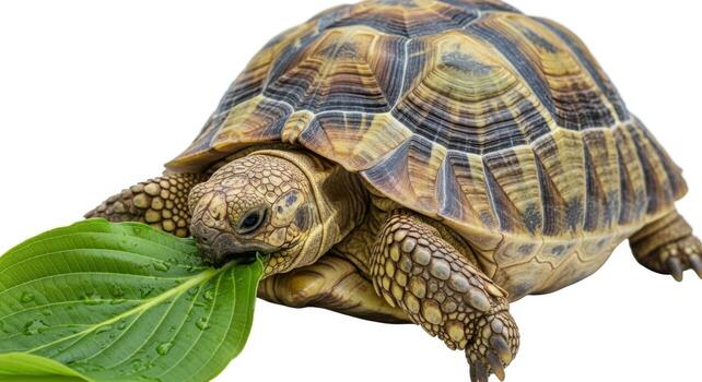 cerca arriba de un Tortuga comiendo un verde hoja aislado en blanco fondo, exhibiendo sus cáscara foto