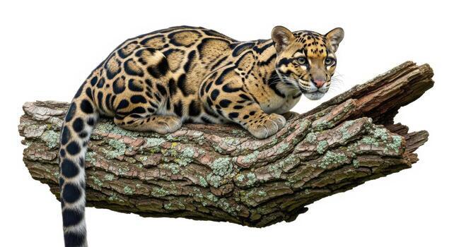 Clouded leopard resting on a branch isolated on white background, a beautiful feline predator photo