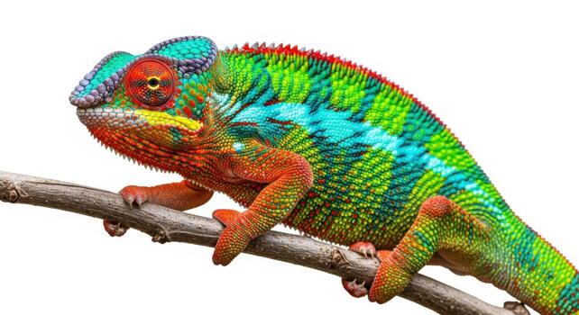 Colorful chameleon on a branch isolated on white background, a reptile with exotic skin photo
